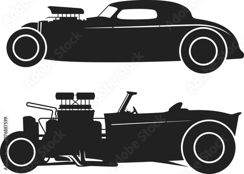 Hot rod car silhouettes set, classic vintage muscle coupe and roadster, racing vehicle icons, black vector illustration isolated.