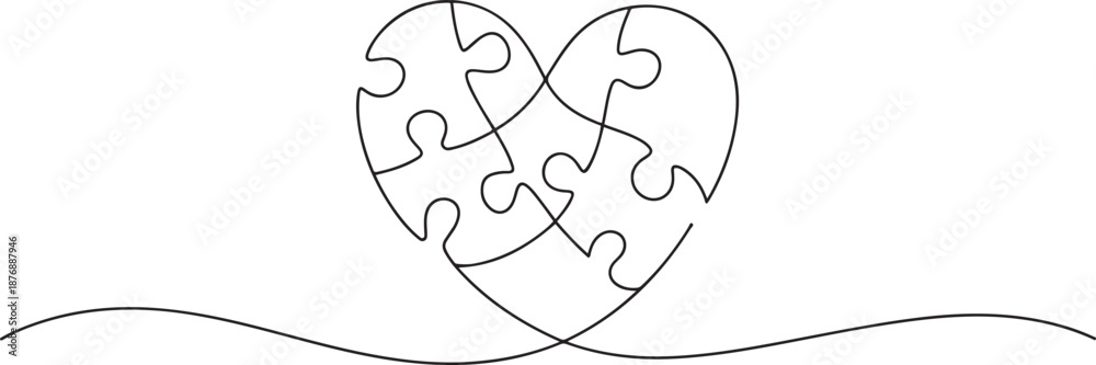 Obraz premium Single continuous line drawing of set puzzle pieces put it together to cute heart shape form symbol. Romantic marriage love concept. one line Icon drawing