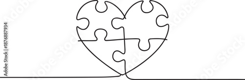 Single continuous line drawing of set puzzle pieces put it together to cute heart shape form symbol. Romantic marriage love concept. one line Icon drawing