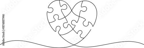 Single continuous line drawing of set puzzle pieces put it together to cute heart shape form symbol. Romantic marriage love concept. one line Icon drawing