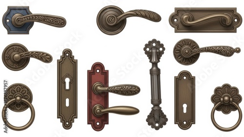 Assorted vintage bronze door handles levers and decorative ring knockers collection
