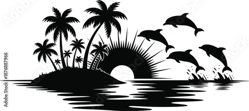 Tropical island silhouette vector illustration, palm trees sunset seascape with jumping dolphins, ocean waves, summer beach logo design