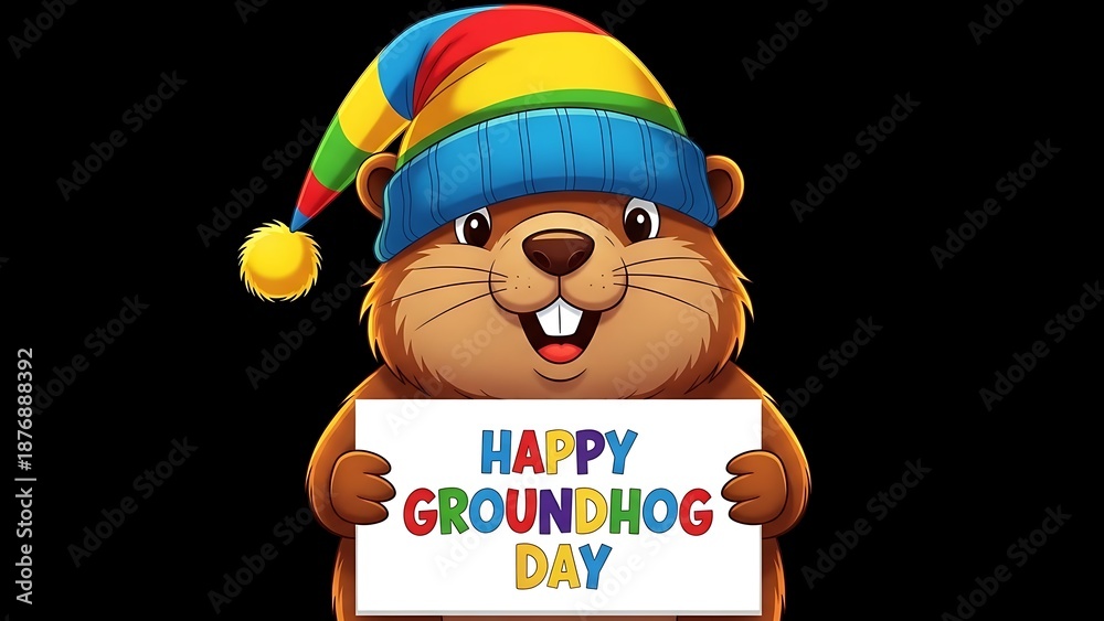 Fototapeta premium Groundhog day celebration with happy groundhog wearing colorful hat