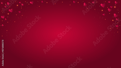 Red Valentine's day background with falling hearts and gold sequins