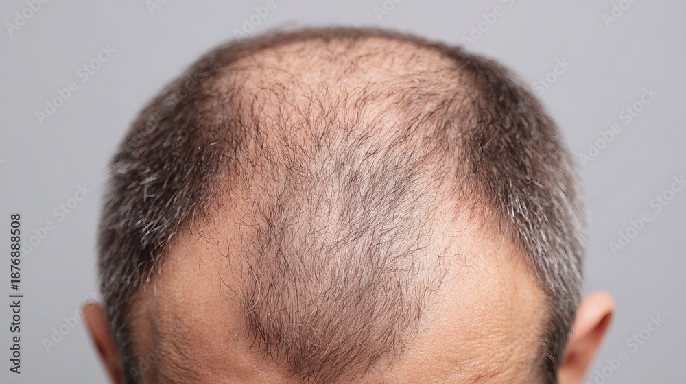 Fototapeta premium Close-up image showing the thinning hair and balding scalp in a minimalistic style. AI generated image