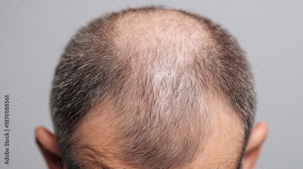 Obraz premium Close-up image showing the thinning hair and balding scalp in a minimalistic style. AI generated image