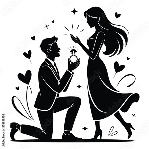 Man proposing woman with diamond ring on one knee hearts