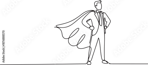 Single one line drawing businessman wearing superhero cloak. Full length of businessman dressed as superhero. Successful businessman superhero in cloak. one line Icon drawing