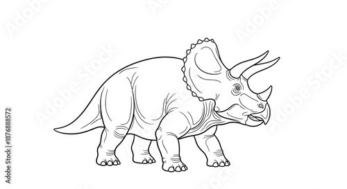 Detailed black and white line art drawing of a triceratops dinosaur in a walking pose on a plain white background.