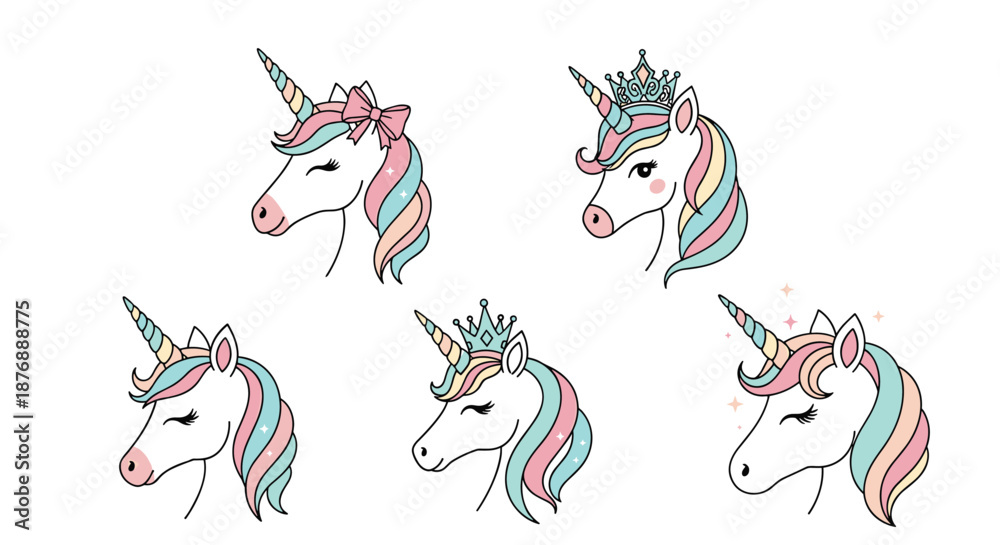 Fototapeta premium Set of five adorable cartoon unicorn heads with colorful manes, crowns, bows, and sparkly star decorations on white.