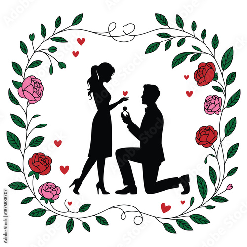 man proposing to woman with ring on knee surrounded by flowers and hearts