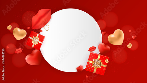Valentine red background with hearts gifts circular frame. Vector Illustration EPS10