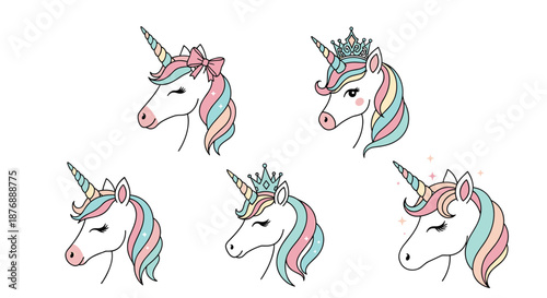 Set of five adorable cartoon unicorn heads with colorful manes, crowns, bows, and sparkly star decorations on white.