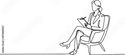 Single continuous line drawing businesswoman with clipboard. Female executive sitting in armchair. Woman taking notes. Psychology consultation. one line Icon drawing