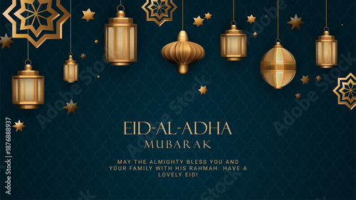 Eid al Adha greeting with lanterns teal pattern. Vector Illustration EPS10