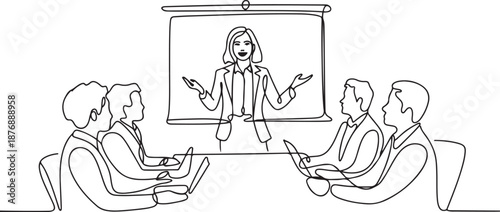 One single line drawing of young happy female CEO presenting new technology innovation to the members at the office. Startup work life. Concept. one line Icon drawing