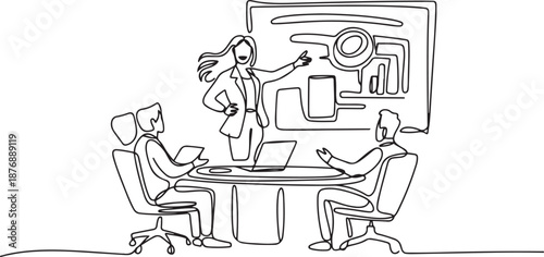 One single line drawing of young happy female CEO presenting new technology innovation to the members at the office. Startup work life. Concept. one line Icon drawing