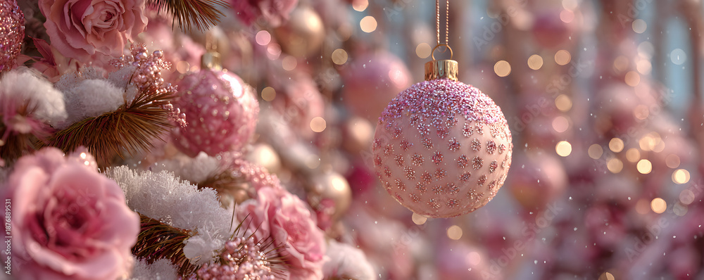Fototapeta premium New Year and Christmas decorations, balls and xmas tree on pink background, generated ai