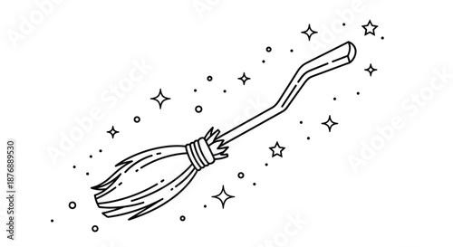 Magical witch broom illustrated in a black outline with sparkling stars and dots scattered around it for spooky fantasy themes.