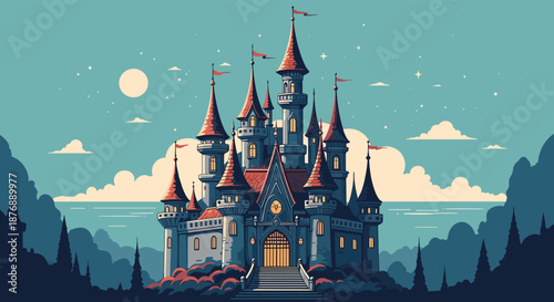 Detailed pixel art illustration of a majestic fairytale castle with multiple towers and flags under a crescent moon.
