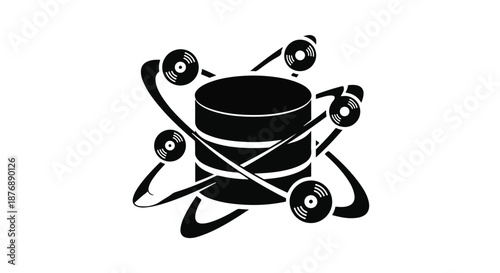 Database with orbiting elements, symbolizing data access and information technology