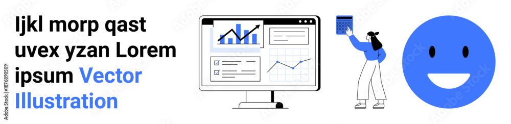 Fototapeta premium Business analytics, teamwork, technology, statistics, visual data, feedback. Computer screen with charts, person holding a document smiling face. Business analytics and teamwork concept