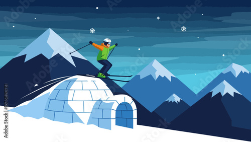 Happy Skier Jumping Over An Igloo In Snowy Mountain Landscape Scene