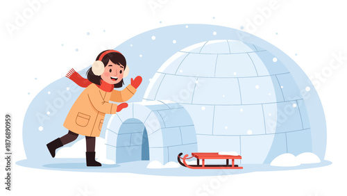 Happy Winter Adventures Child Plays Beside The Ice Igloo In A Snowy Landscape