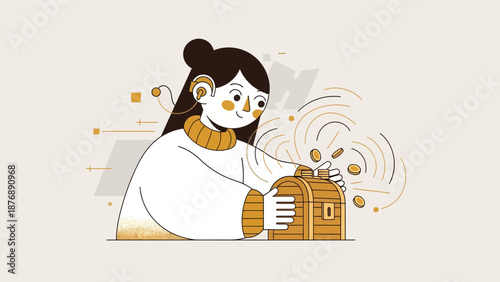 Happy Woman Earning Crypto Currency and Putting Coins in Treasure Chest