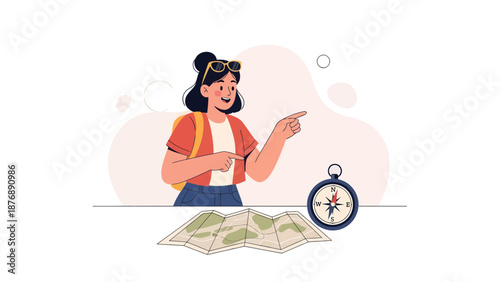 Happy Woman Traveling With Map and Compass Adventure For Vacation Holiday