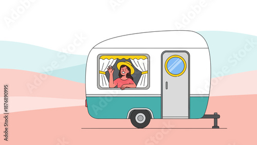 Happy Woman Waving From Retro Caravan During Relaxing Summer Road Trip