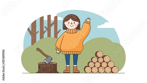 Happy Young Woman Woodcutter Standing Near Stacked Logs In The Forest