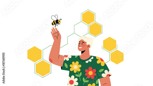 Harmony Between Nature And Man Happy Man And A Flying Bee