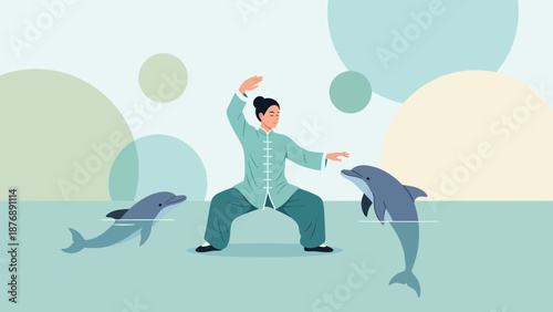 Harmony Between Nature And Spirit Female Practicing Tai Chi With Dolphins Around