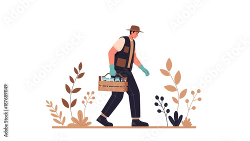 Harvest Time Farmer Carrying a Crate of Fresh Produce to Market