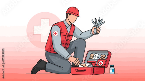Health Professional Preparing First Aid Kit For Emergency Care And Treatment
