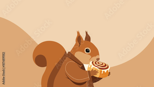 Illustration Of A Squirrel Wearing A Robe And Holding A Cinnamon Roll
