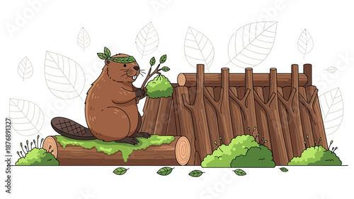 Illustrative Cartoon Beaver Building Dam With Natural Elements Around Scene