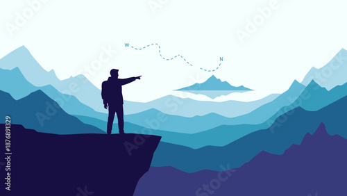 Hiker Atop Cliff Gazing At Mountainous Landscape With North And West Path