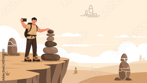 Hiker Balancing Stones While Taking Selfies On Mountain Cliff With Backpack