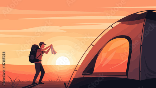 Hiker Checks Map At Campsite During Beautiful Sunset Adventure Concept