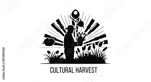 Silhouette of a farmer harvesting crops under a radiant sun, symbolizing abundance and agricultural heritage.