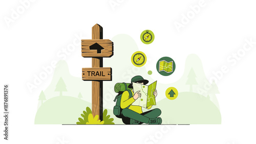Hiker Consults A Map On A Trail With Destination Icons Around Him