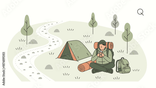 Hiker Enjoying Coffee Break At Campsite During Relaxing Solo Adventure Trip