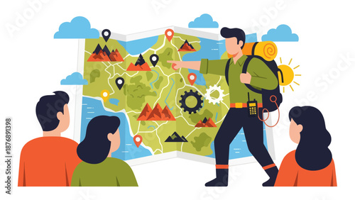 Hiker Explaining Geographic Map To People Planning An Outdoor Adventure Trip