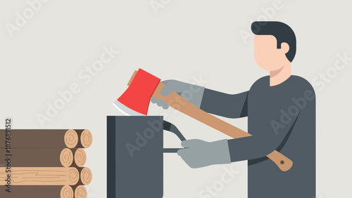 Illustrative Woodcutter Chopping Logs For Firewood Preparation With Ax