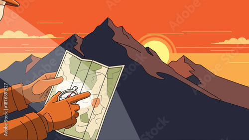 Hiker Planning Route With Map and Compass During Mountain Adventure At Sunset