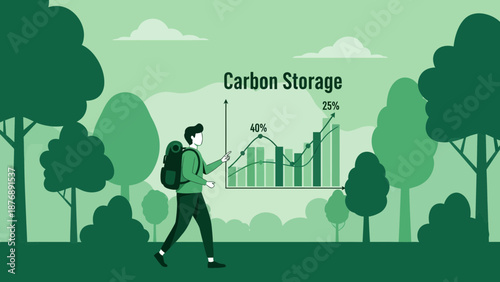 Increasing Carbon Storage Illustration with Hiker in Natural Landscape Graphic