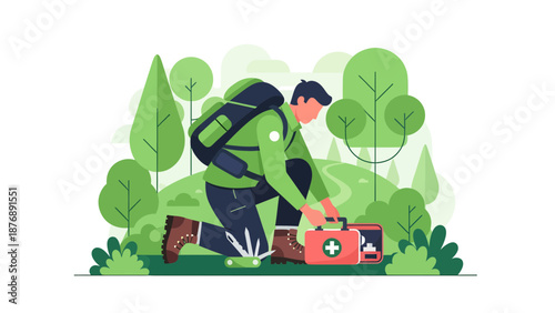 Hiker Preparing First Aid Kit in Forest Emergency Readiness Concept