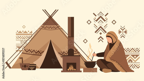 Indigenous Culture Scene With Tipi And Woman Cooking Over Fire Flat Illustration